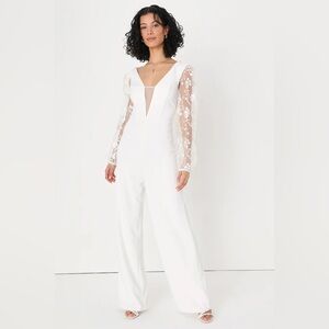 Lulu's White Maxi Gown with Plunge Neckline and 3/4 Bishop Sleeves